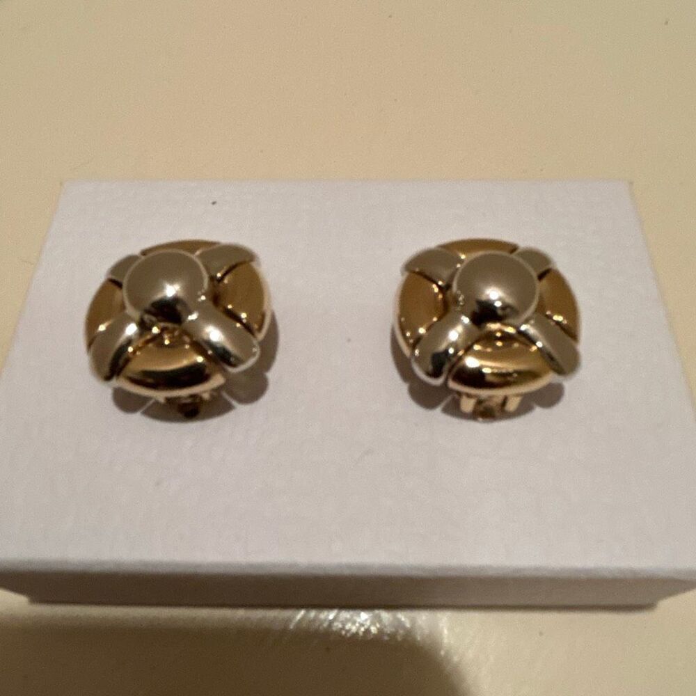 Vintage Two Tone Twist Knot Clip On Earrings Silver Gold Stud Link Retro Mod